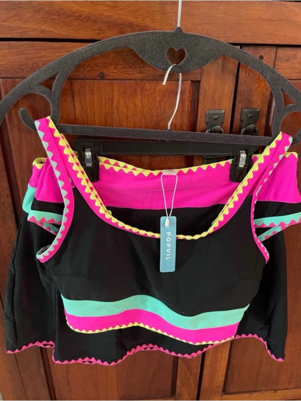 POPVIL Black 3 piece swim with Hot Pink & Mint Trim
